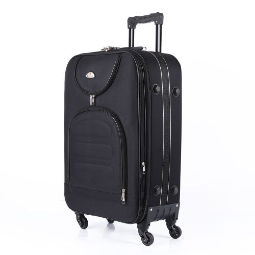 Közepes méretű fekete vászon gurulós bőrönd