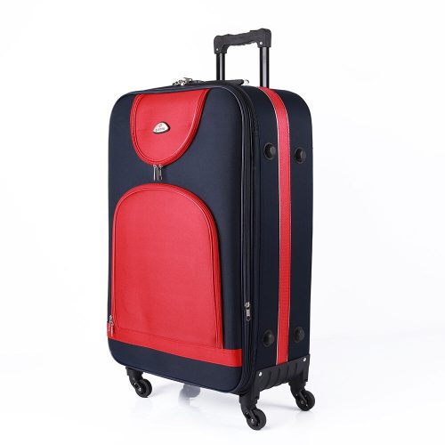 Nagyméretű kék-piros vászon gurulós bőrönd